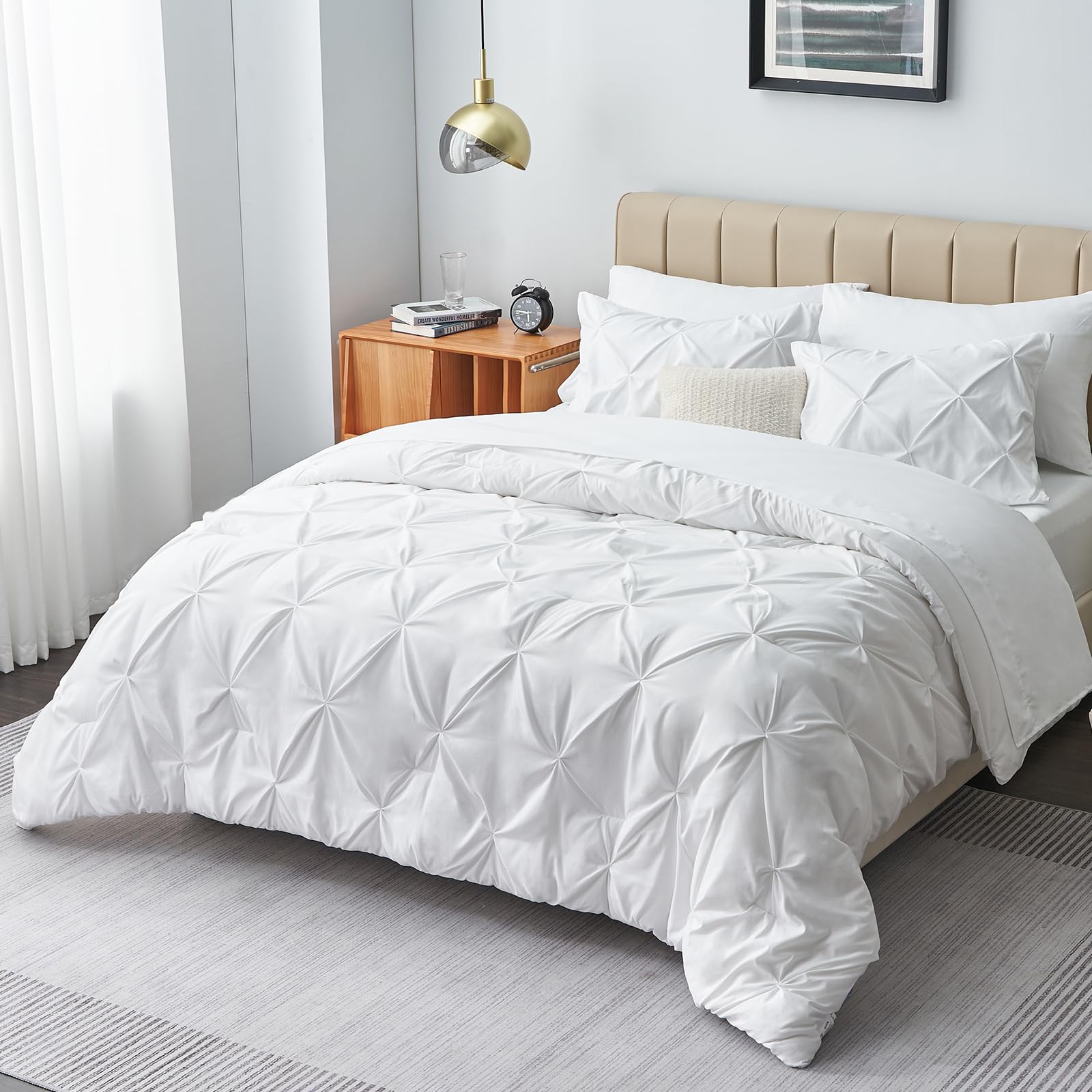 Cozylux Twin Comforter Set - 5 Pieces Comforters Twin Size White, Pintuck Bed In A Bag Pinch Pleat Bedding Sets With All Season